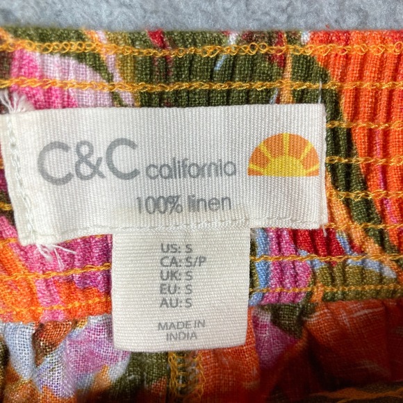 C&C California Linen Pants Womens Small Orange Tropical Floral Wide Leg Cropped - Picture 2 of 11